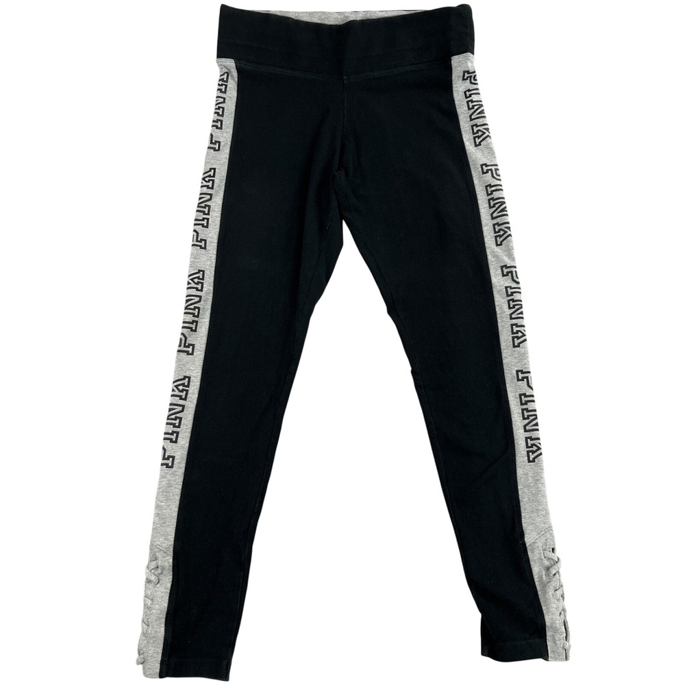 Victorias Secret PINK Yoga Leggings M Black Grey Logo Lace Up Women Athleisure